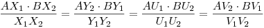 
\frac{AX_1\cdot BX_2}{X_1X_2} =\frac{AY_2\cdot BY_1}{Y_1Y_2} =\frac{AU_1\cdot
BU_2}{U_1U_2} =\frac{AV_2\cdot BV_1}{V_1V_2}
